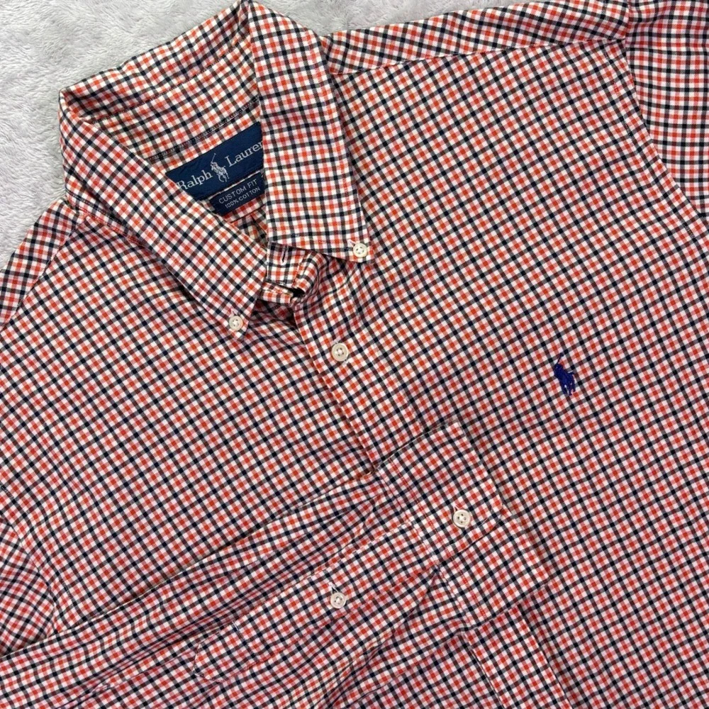 Ralph‎ Lauren Mens Button Down XL Orange Navy Gingham Custom Fit Cotton Shirt